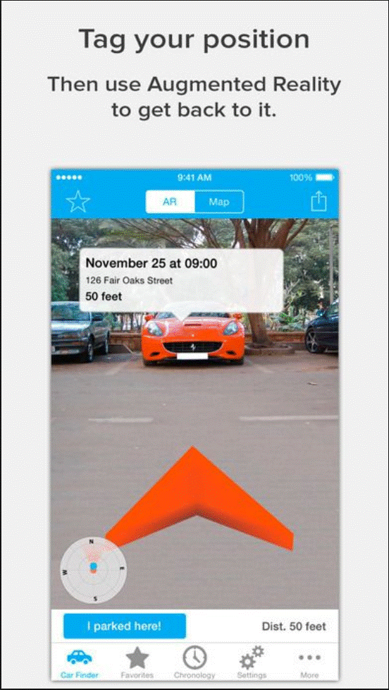 Kuvatõmmis 9: äpp, mis lubab märkida parkimisel auto täpse asukoha ja hiljem juhatab reaalajas selle juurde. (allikas: https://itunes.apple.com/us/app/find-your-car-with-ar/id370836023?mt=8))