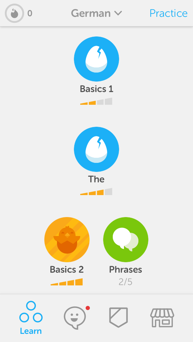 Kolm erinevat võimalust õppimiseks (Allikas: Duolingo äpp)
