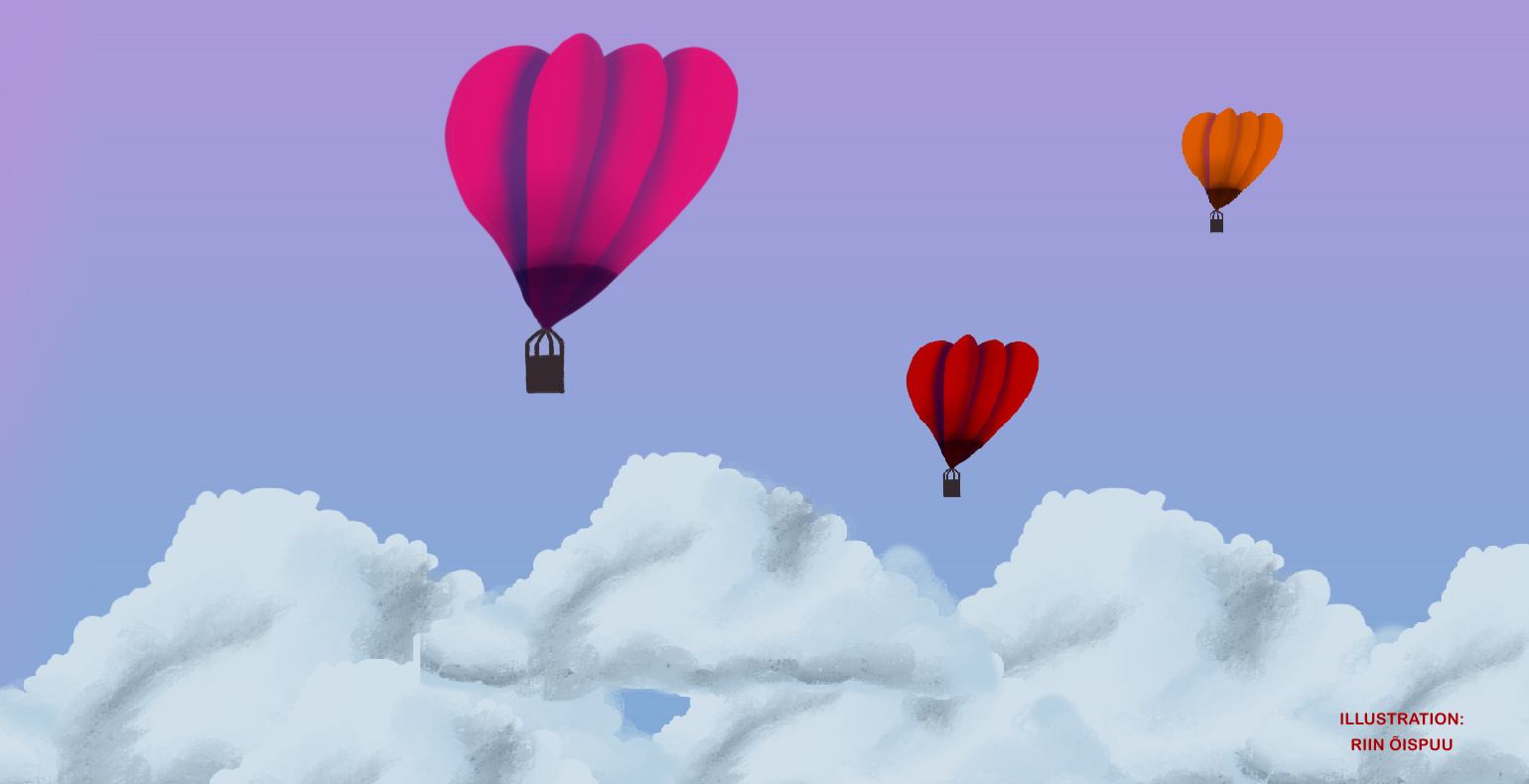 Red-pink hot air balloons flying above the clouds