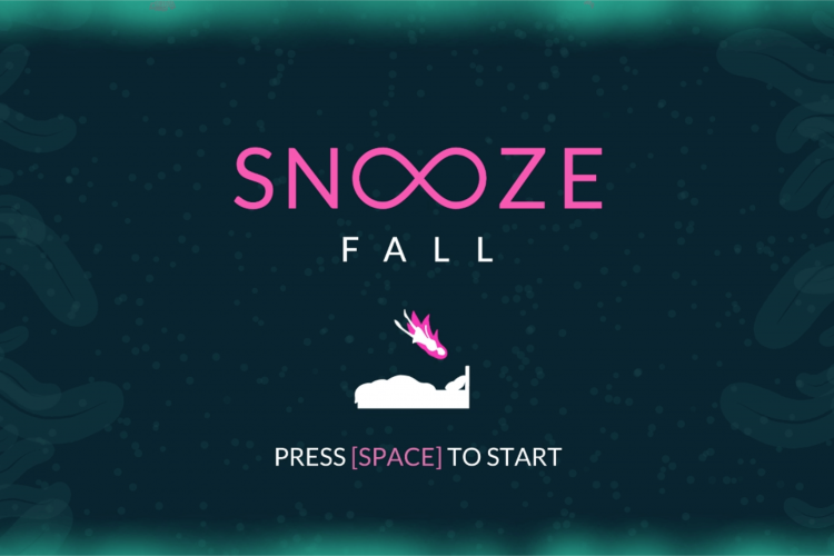 Mängu Snooze Fall illustratsioon: tüdruk lendleb unenäos oma voodi poole 