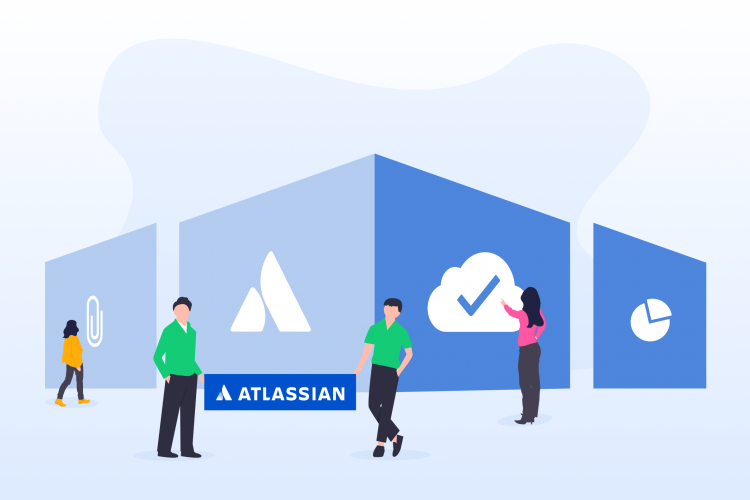 People standing in front of elements with the Atlassian logo