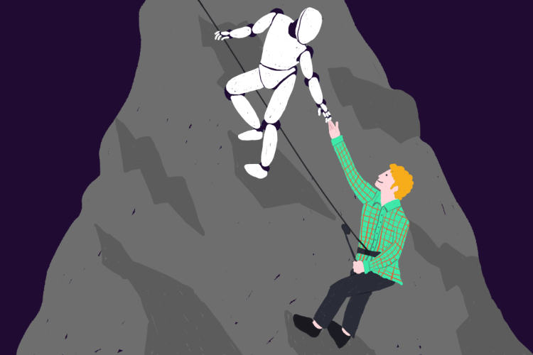 a data science robot helps a person up a hill