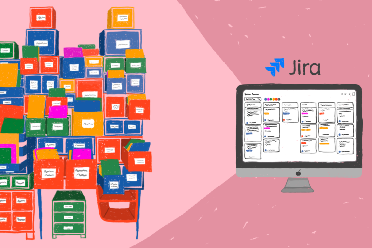 Illustration of scattered pieces of information moving to Jira. Old pink background.