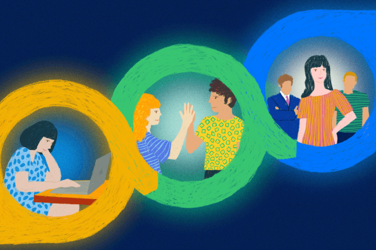 people depicted inside three rings illustrating different levels of Scrum certifications