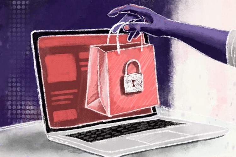 The picture shows an open computer and a shopping bag with a padlock