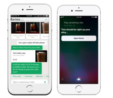 Kuvatõmmis 1. Vasakul Starbucks`i Barista bot, kes võtab tellimusi vastu ja paremal iPhone Siri.