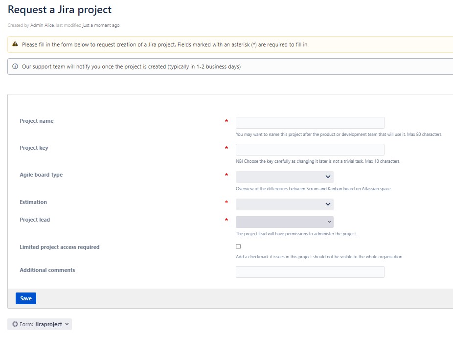 Confluence lehel olev erinevatest väljadest koosnev Confiforms vorm, mis on mõeldud Jira projekti tellimiseks.