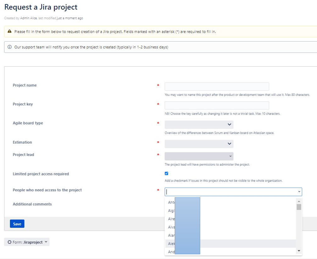 Confluence lehel olev erinevatest väljadest koosnev Confiforms vorm, mis on mõeldud Jira projekti tellimiseks.