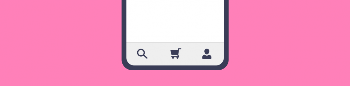 Mobiili ekraani alumises servas on otsingu, ostukorvi ja konto ikoonid