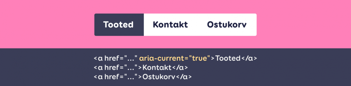 Valitud menüüelement tuleb märgistada aria-current=“true” atribuudiga