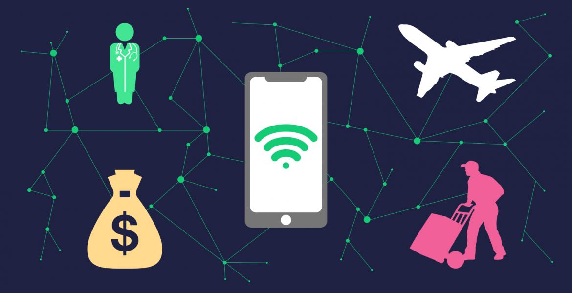 Illustratsioon inimesest, rahakotist, mobiiltelefonist, lennukist ja golfimängijast