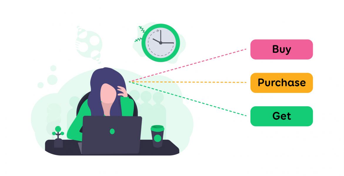 UX writer deciding between words buy, purchase or get