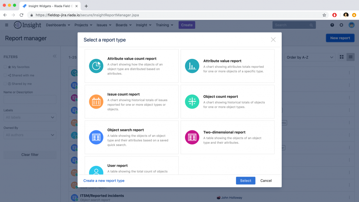 Different default report types available in Insight