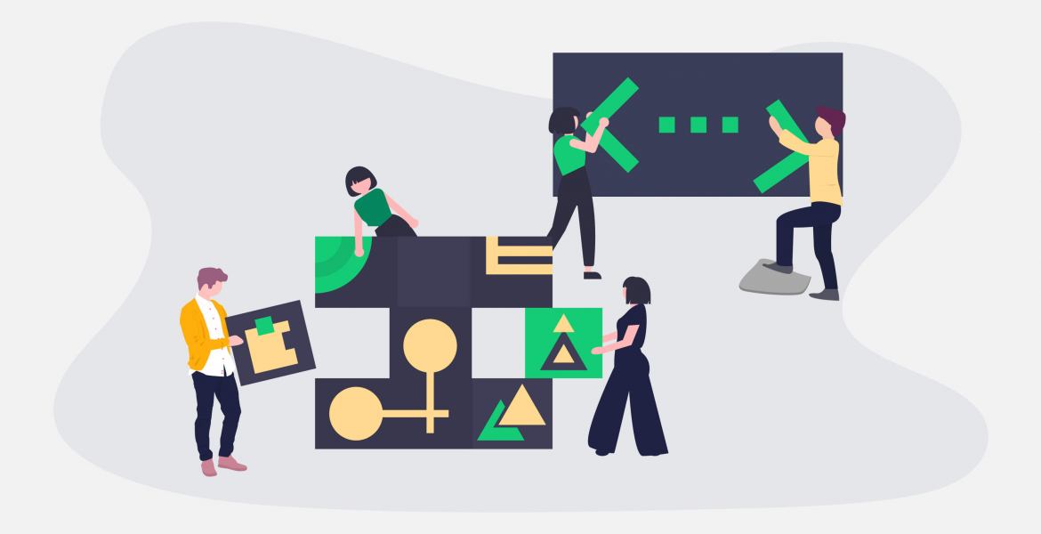  illustration of people holding and moving various elements that symbolize the components of development and business-critical information systems