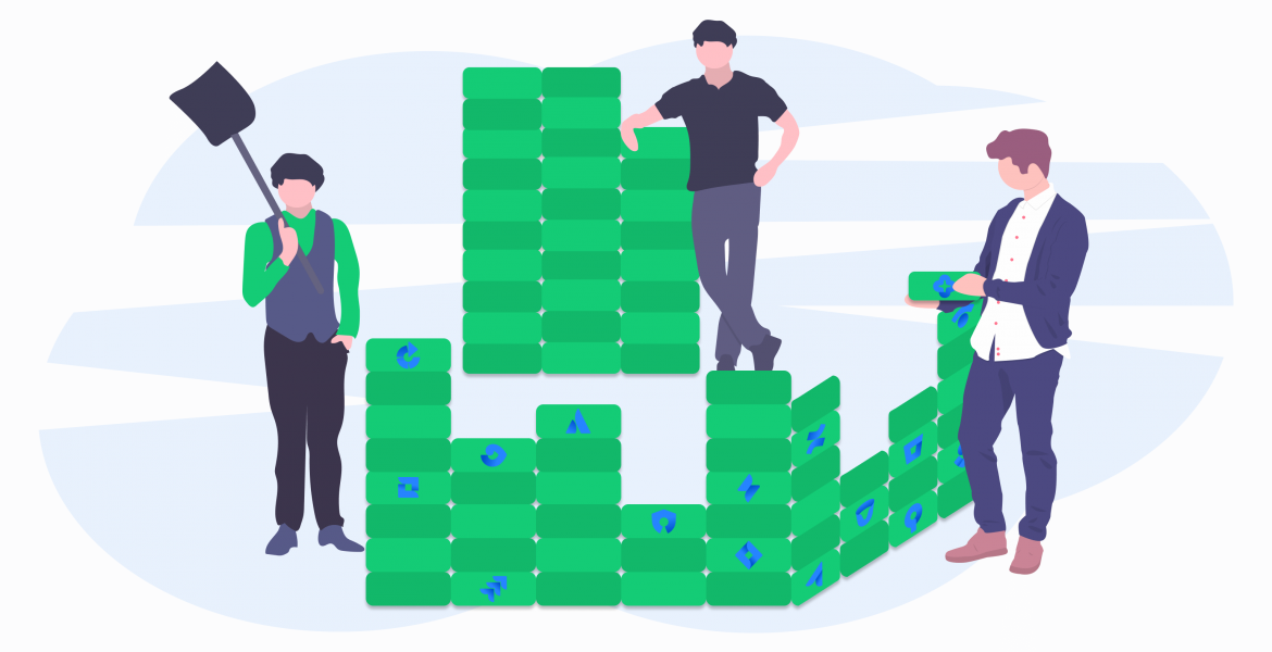  illustration of Atlassian products as a platform for digital change, depicting Atlassian products as building blocks