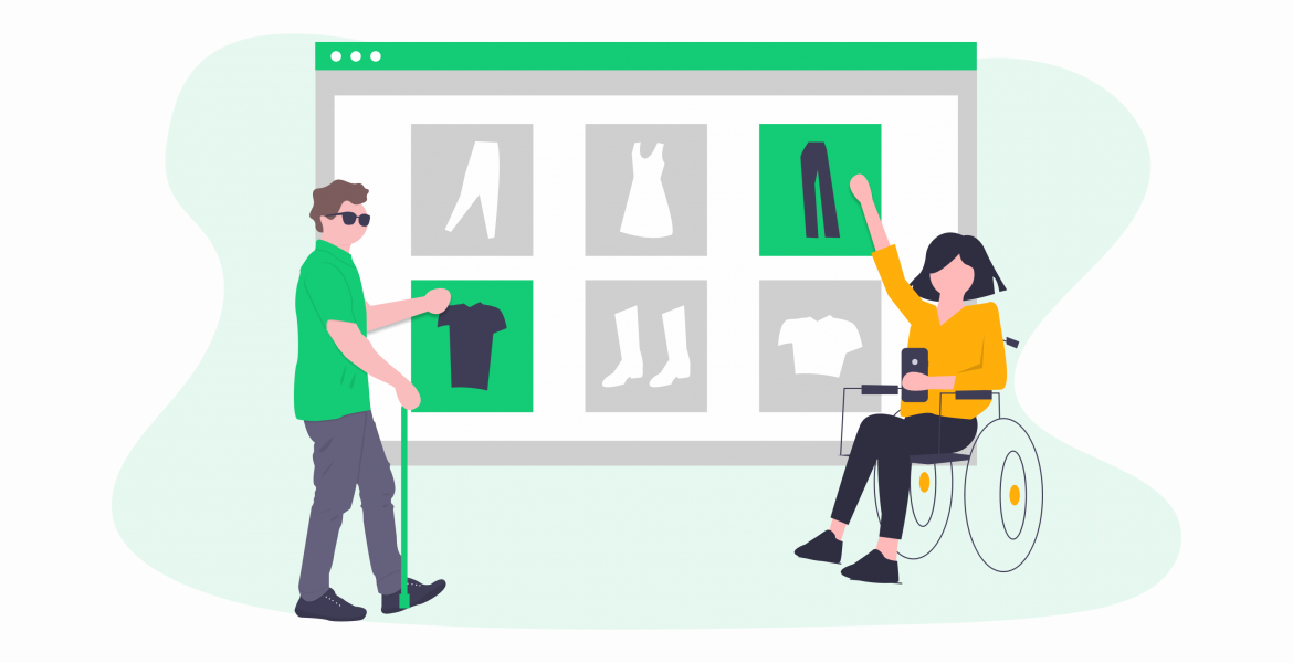  illustration of a wheelchair girl and a blind boy choosing items in an online store