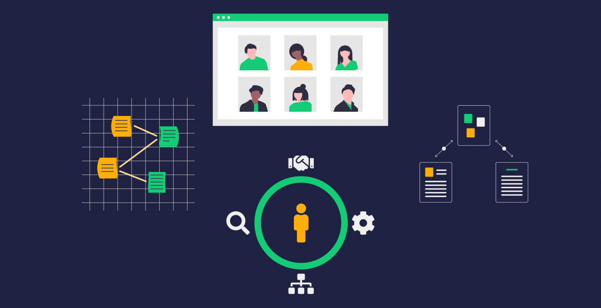  Illustration of the elements that represent business analysis and service design: handshake to conclude a transaction, person, magnifying glass icon