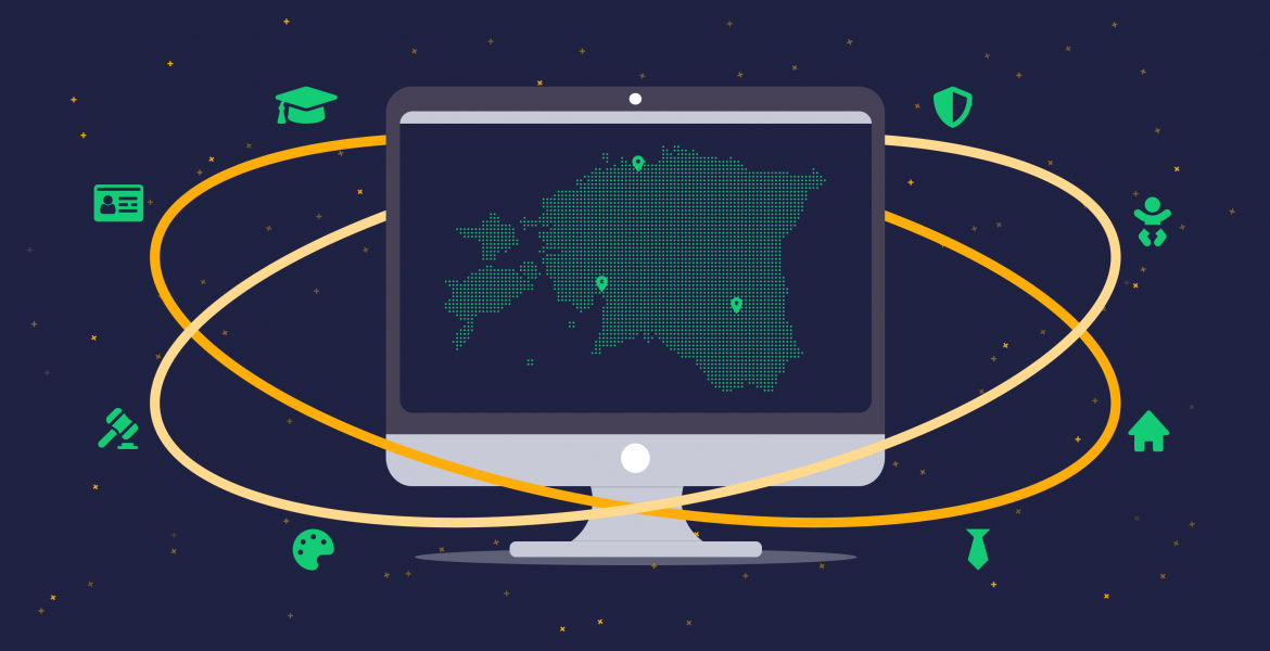  illustration of elements depicting e-government and digital public services: map of Estonia on a computer screen, infant marking the possibility of registering the birth of a child, house icon home creation, etc.