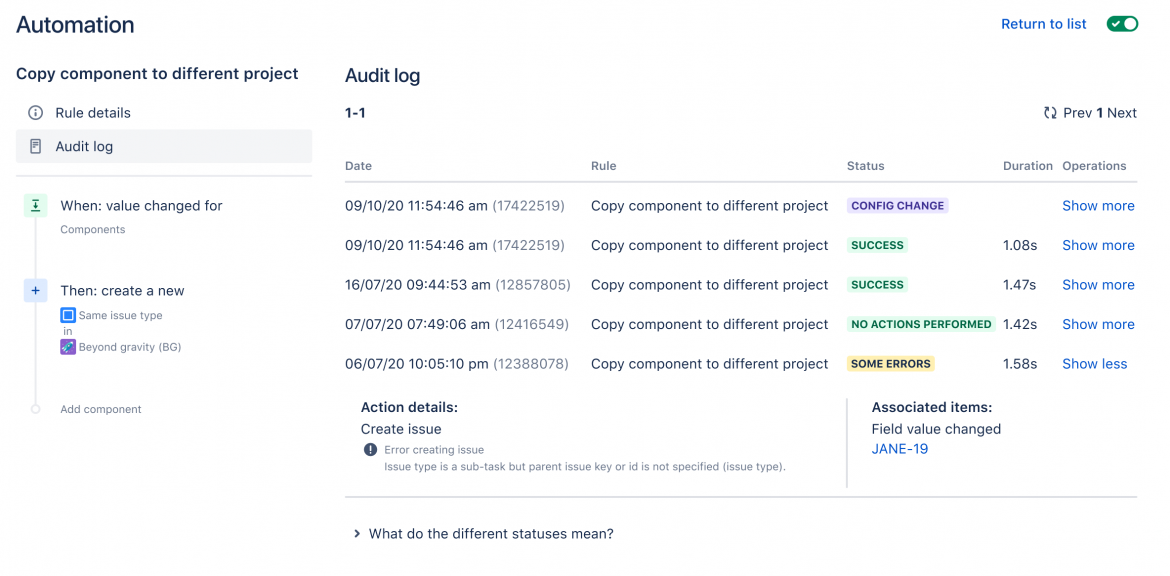 Audit log of an example rule that displays different rule processes, statuses and dates in a list view.