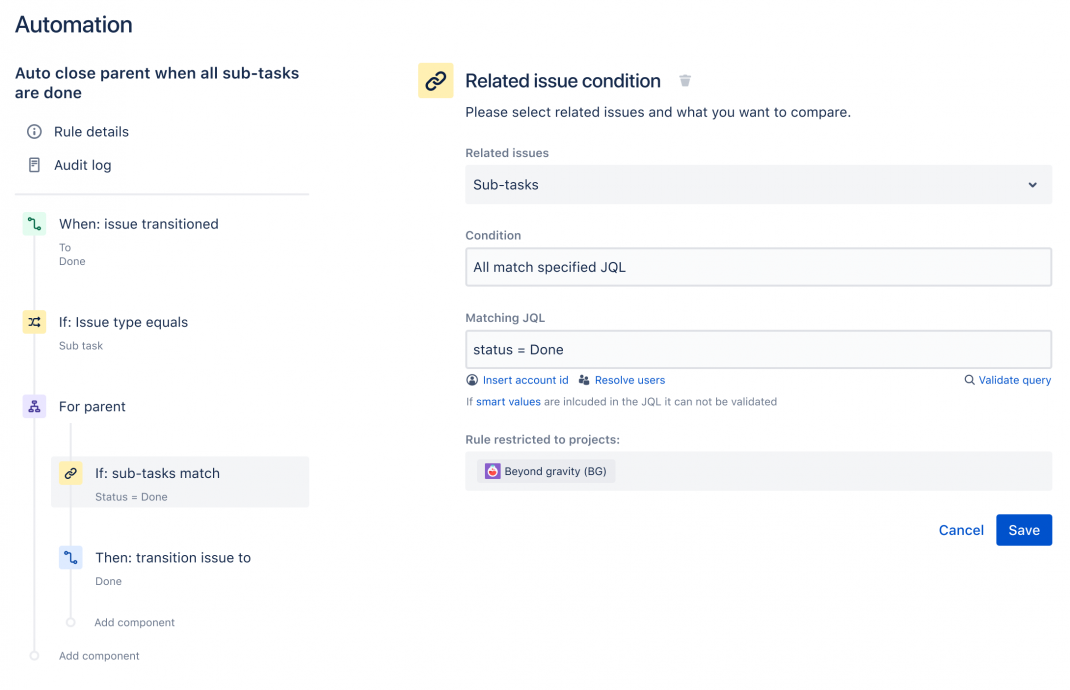 Example rule and its parts, that closes the parent issue automatically when all of its sub-tasks are closed. Condition value is based on a JQL filter.