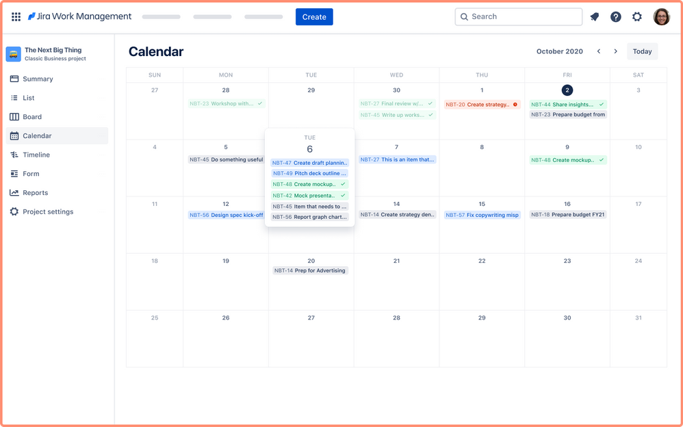 Jira Work Management kalendrivaade, mis kuvab pileteid