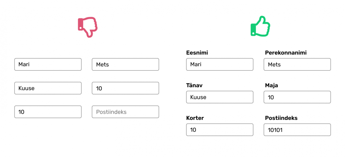 Võrdlus vormiväljadest koos siltidega ja ilma.