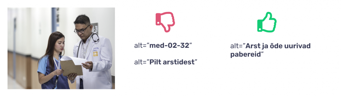 näidis heast tekstilisest alternatiivist, mis selgitab täpselt pildi mõtet ning halvast alternatiivist, mis sisaldab mitte midagi ütlevaid sümboleid