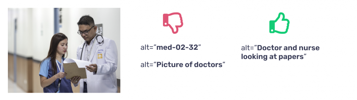 a sample of a good textual alternative that explains exactly the meaning of the picture and the bad alternative, which contains symbols that say nothing