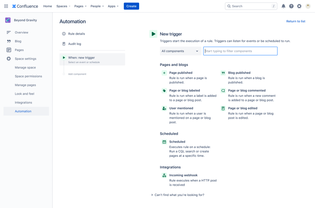 Automation for Confluence reegli loomise vaade