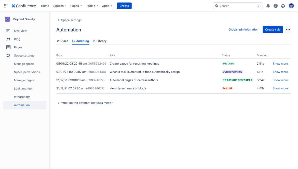 Automation for Confluence auditi vaade