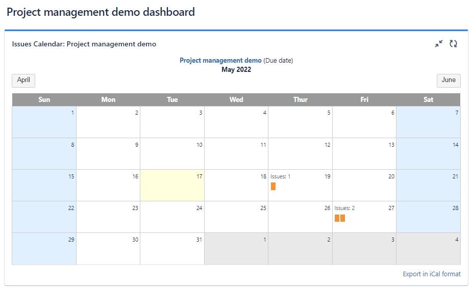 Example of Jira Software "Issues Calendar" gadget