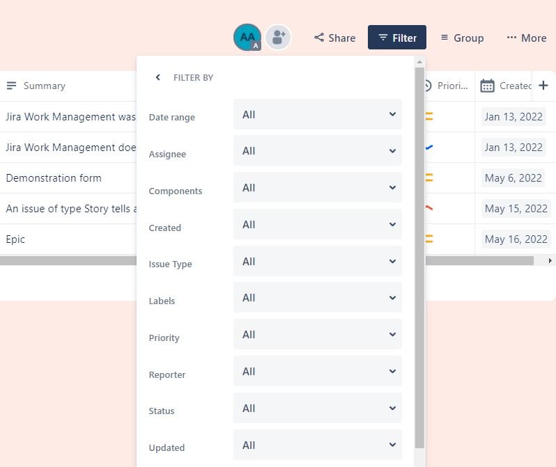 JWM list view and filtering options