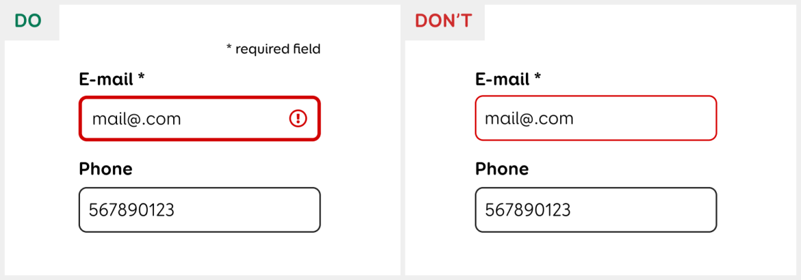 Good: The faulty field is distinguished by both colour and icon, and the asterisk is explained before the form.