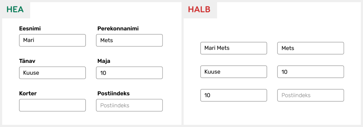 Hea: vormiväljadel on nähtavad sildid. Halb: sildid on asendatud placeholder’itega, mis peale täitmist pole enam nähtavad. 