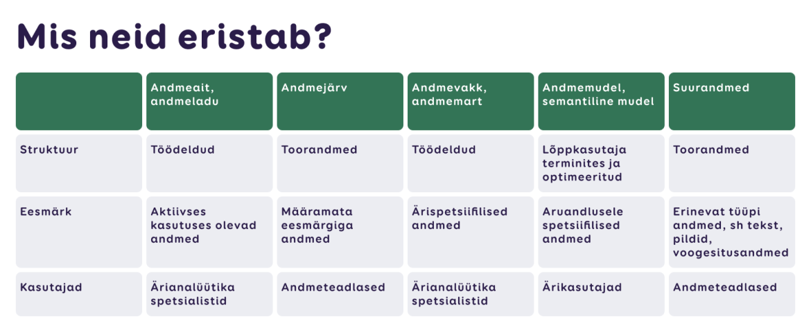 Mis eristab andmeaita, andmejärve, andmevakka, andmemudelit, suurandmeid 