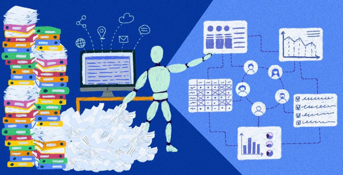 A robot with a stack of books on one side and machine learning solutions, represented by designed graphs and tables, on the other side.