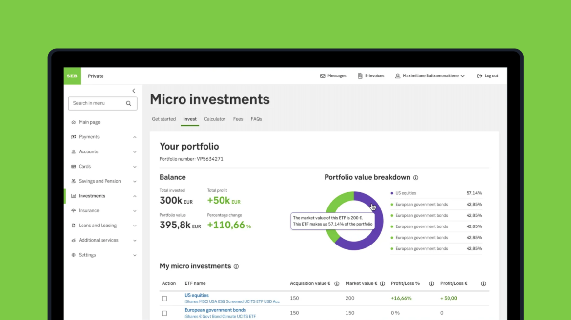 Screenshot of a microinvestment product