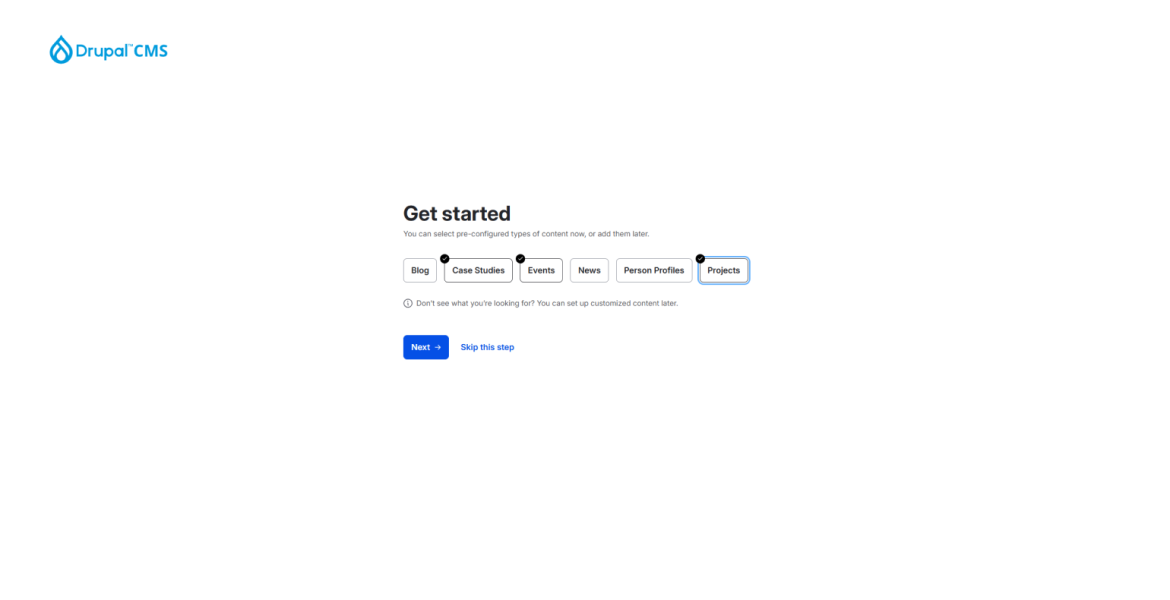 Drupal CMS setup. Selection of content type recipes.