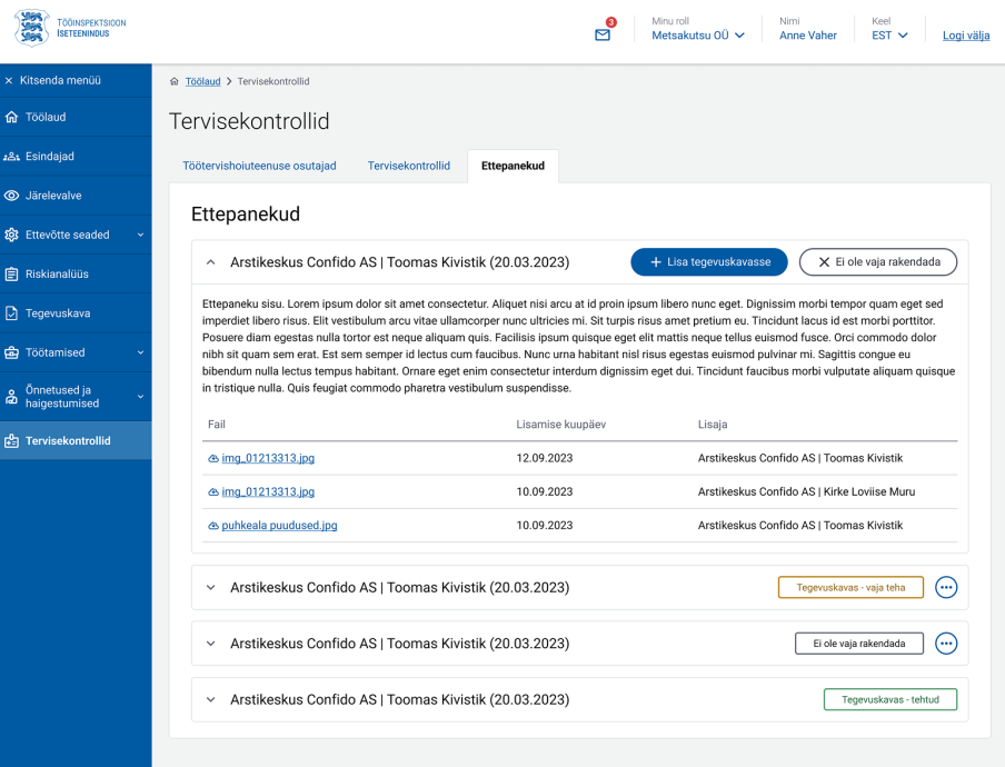 Ettepanekute loetelu ja haldamise vaade, kus tööandja saab otsustada, millised ettepanekud lisada oma tegevuskavasse.