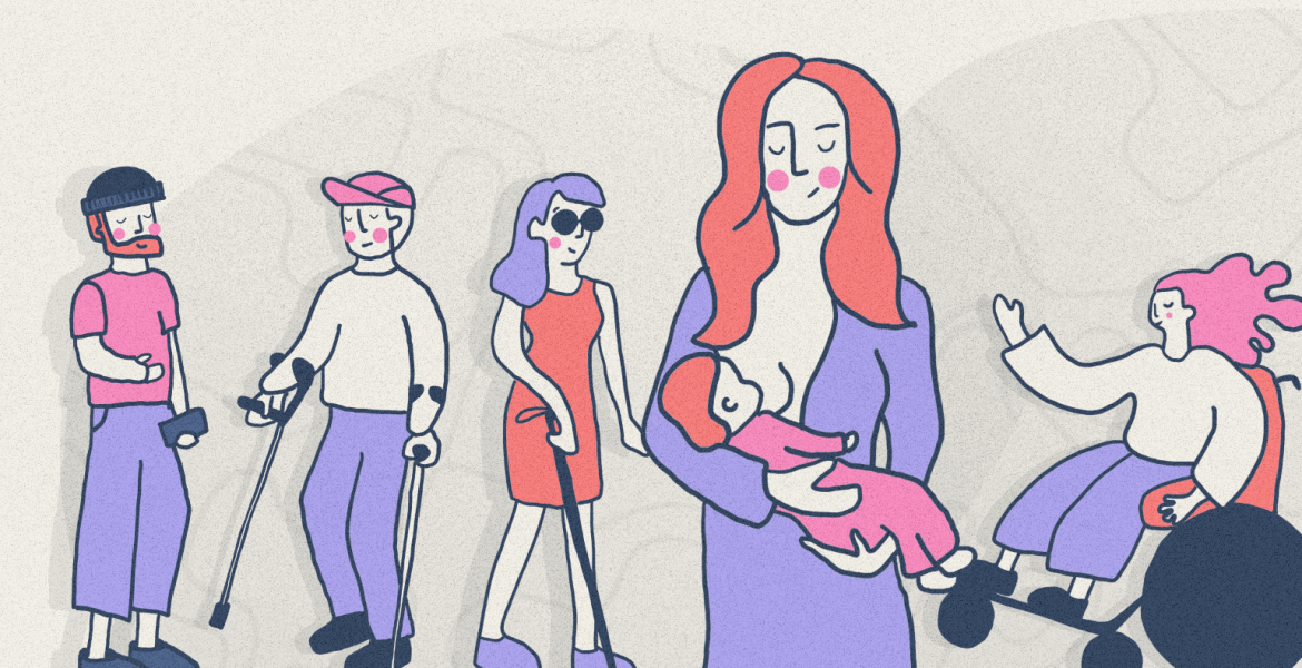 A person with a hand in a cast, a person on crutches, a blind person, a breastfeeding person, and a person in a wheelchair.