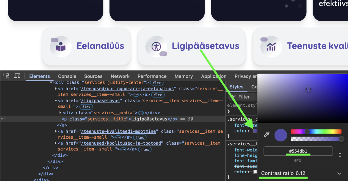 Chrome browser developer tools show colour contrast ratio