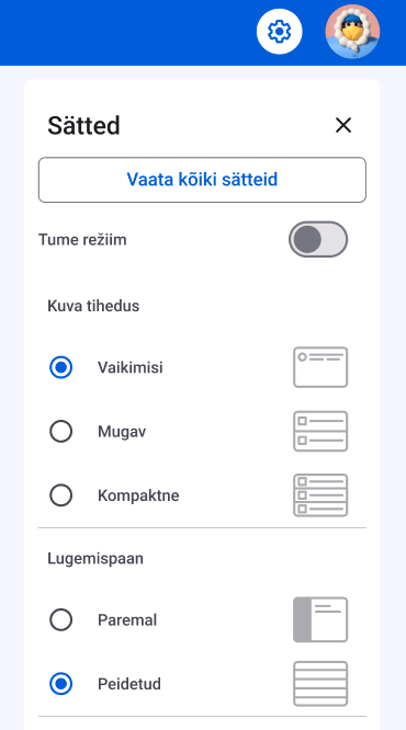 Kiirseadete menüü vaade