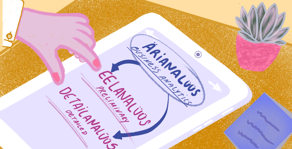 Illustratsioon tahvelarvutist, mille ekraanil on kujutatud ärianalüüsi, eelanalüüsi ja detailanalüüsi vaheline seos; vasakul on käsi, paremal laual kaktus ja märkmepaber.