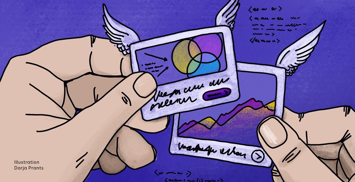 The illustration shows two hands holding two winged slides with data visualisations – one featuring a Venn diagram and the other a colourful line chart, with programming syntax in the background.
