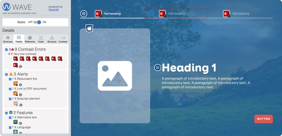 The WAVE Evaluation Tool demonstrates its ability to identify areas where the text has low contrast.