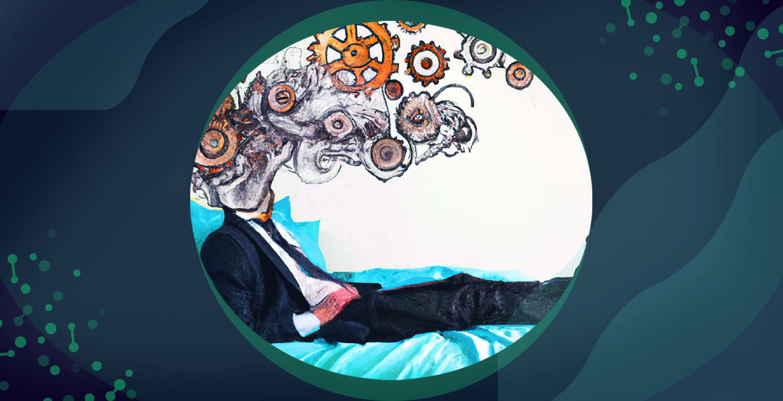  an illustration of a business analyst with gears flying out of his head