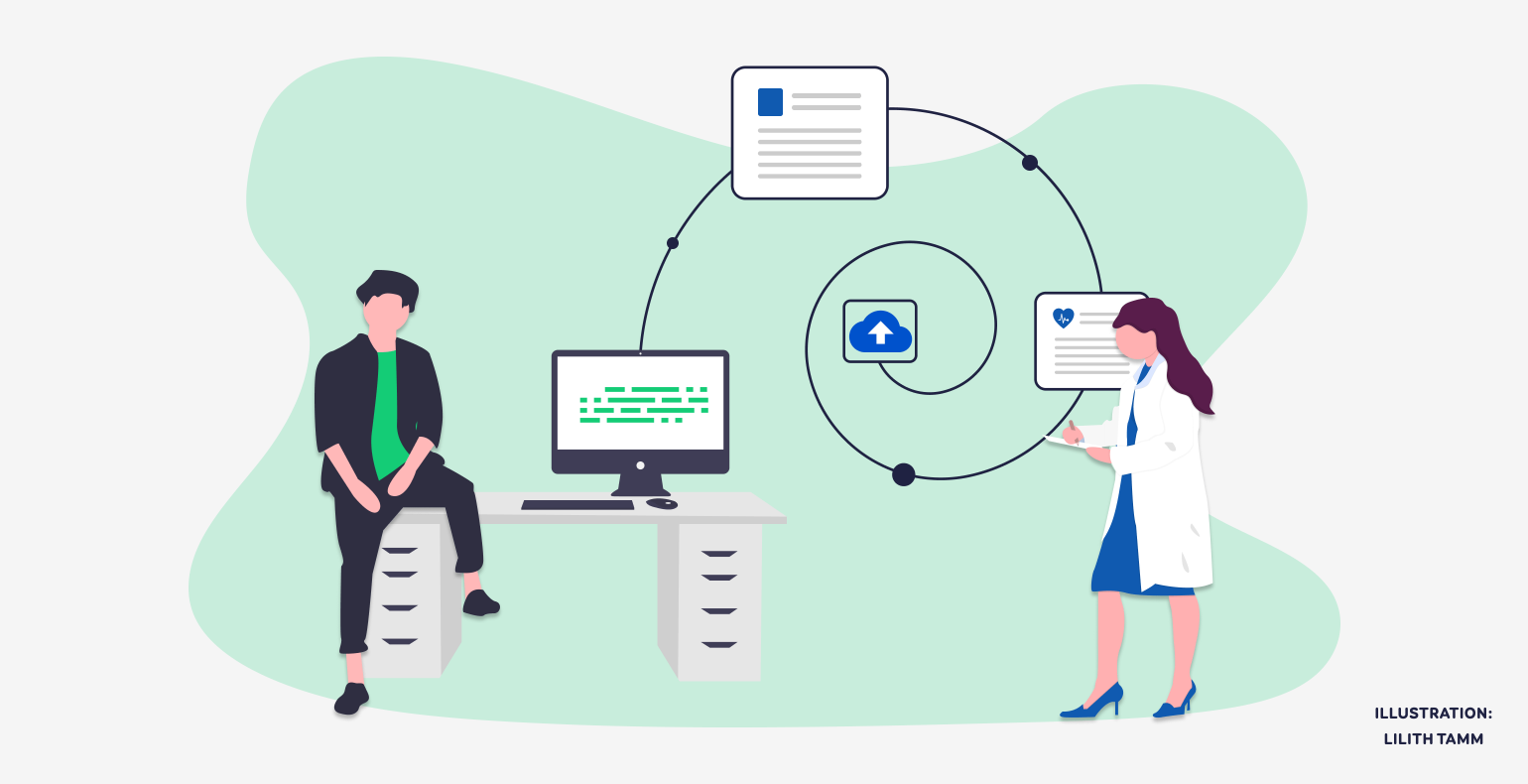 An illustration (green background) of a woman and a man planning the journey to Cloud solution. 