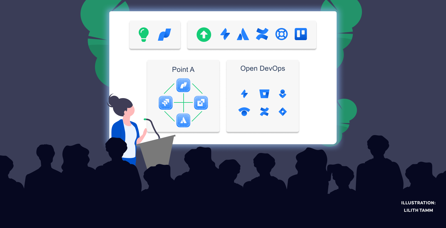 Illustratsioon, kus naine demonstreerib kuulajaskonnale Atlassiani uusi tooteid ja Open DevOps lahendust.