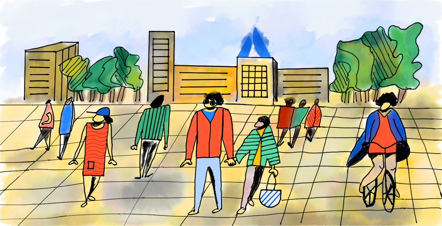 Atlassian Community teemaline illustratsioon, kus inimesed linnapildis jalutavad