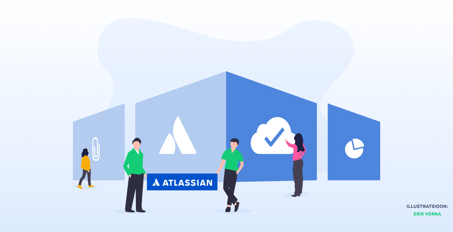 Inimesed Atlassiani logoga elementide ees seismas